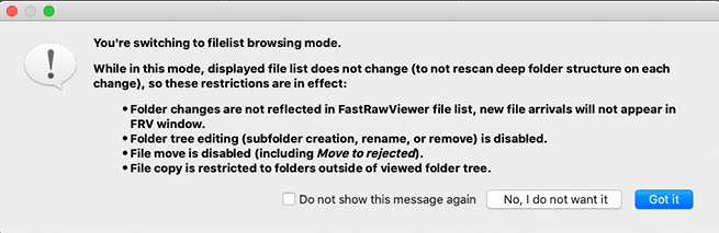 FastRawViewer. Choose list for Confirm switching to FileList Mode
