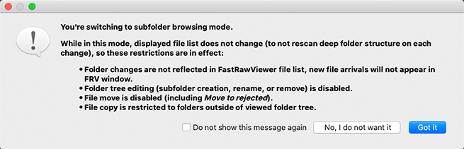 FastRawViewer. Confirm switching to Subfolder Browse Mode