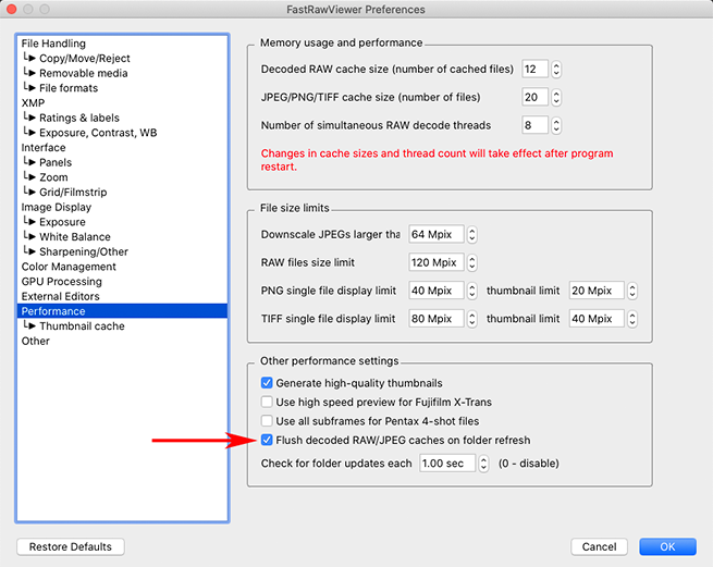 FastRawViewer 1.5.5 Preferences - Performance - Flush decoded RAW/JPEG cache on folder refresh