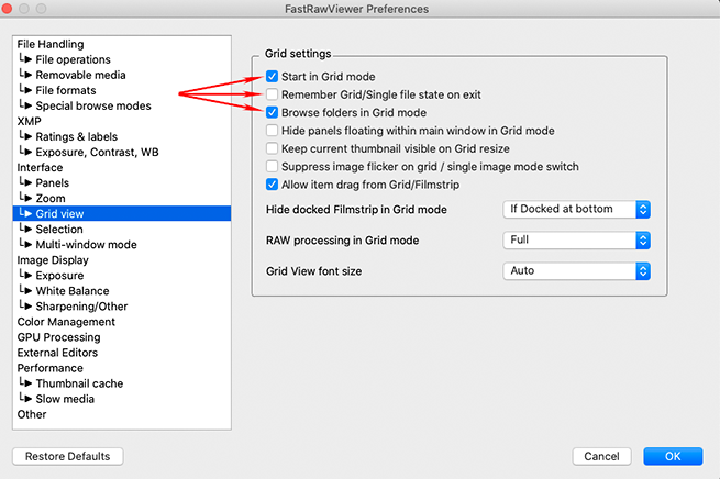 FastRawViewer 2.0. Preferences - Grid view