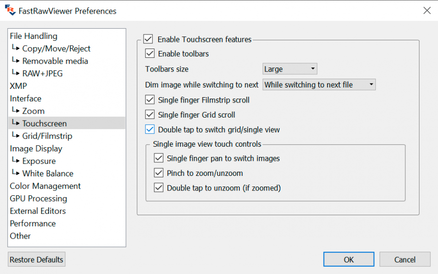 FastRawViewer 1.4. Preferences-Touchscreen Settings 