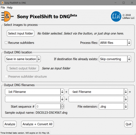 SonyPixelShift2DNG Beta 0.8.5 Main Screen